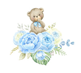 Newborn Baby bear with blue flowers and green leeves.Watercolor illustration for baby boy shower isolated on white background.. - 449327243