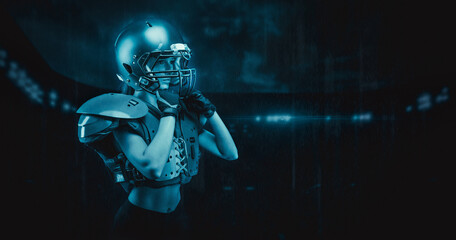 Image of a girl at the stadium in the uniform of an American football team player. Sports concept