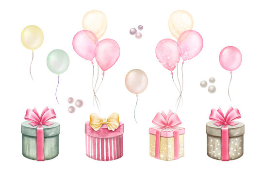 Set of gift boxes,air balloons for celebration.Watercolor illustration isolated on white background.
