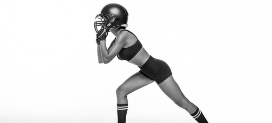 Black and white images of a sports girl in the uniform of an American football team player. Sports...