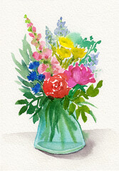 Bouquet of watercolor wildflowers in a glass vase. Stock watercolor illustration