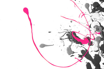 Detail of fuchsia paint, color splash, on black and white acrylic paint background. Abstract and...