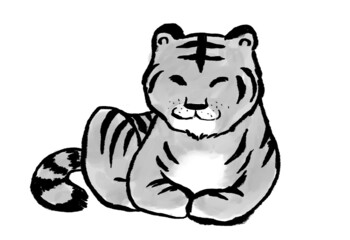 香箱座りの寅　水墨画　水彩　白黒