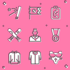 Set Baseball bat with ball, Flag baseball, Planning strategy, Crossed, coach, Medal, t-shirt and icon. Vector