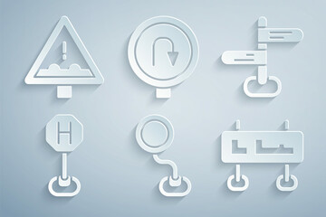Set Road traffic sign, Hospital road, Turn back and Uneven ahead icon. Vector