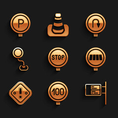 Set Stop sign, Speed limit traffic, ublic transport board, Pedestrian crosswalk, Exclamation mark in triangle, Road, Turn back road and Parking icon. Vector