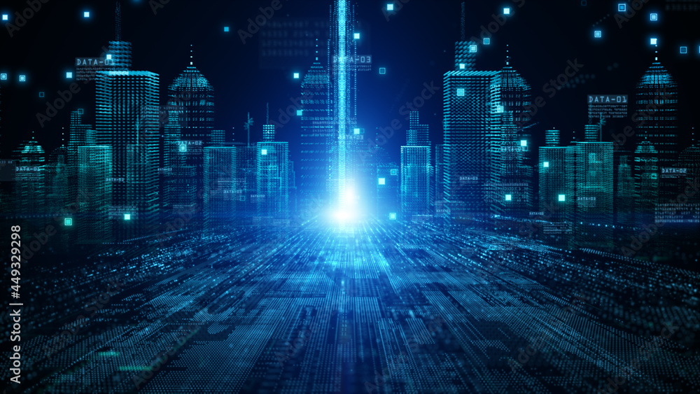 Poster the smart city of futuristic technology internet and big data 5g connection. technology digital data