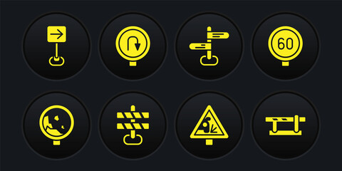 Set Road warning rockfall, Speed limit traffic, barrier, Warning road sign, Turn back, Parking car and Traffic turn right icon. Vector