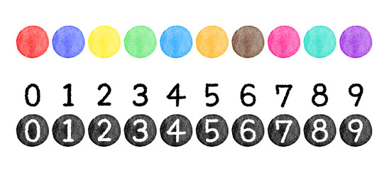 水彩タッチのカラフルな丸と、白黒の数字のイラスト素材