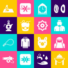 Set Table food, Muslim woman in niqab, Clock, Ramadan drum, Islamic teapot, prays and Octagonal star icon. Vector