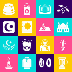 Set Medieval goblet, Arabian saber, Muslim Mosque, Holy book of Koran, Star and crescent, Turkish hat and man prays icon. Vector