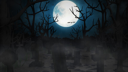 Halloween background with bats and pumpkins, graves, at misty night spooky with a fantastic big...