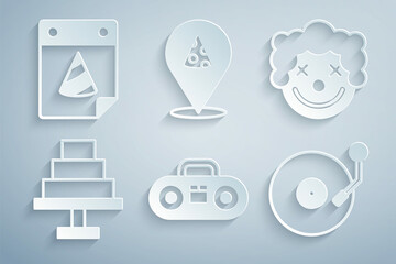 Set Home stereo with two speakers, Clown head, Cake, Vinyl player disk, Slice of pizza and Calendar party icon. Vector