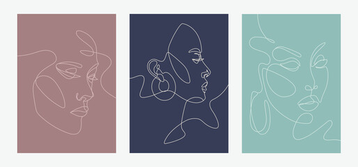 Contemporary art cover templates. Boho girl continous line drawing.