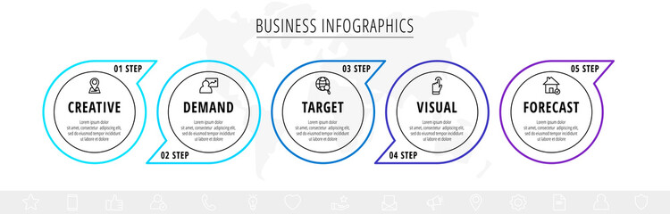 Minimal infographics with five line circles elements. Vector modern visualization of 5 step by step timeline concept with arrows. Template for diagram, web, banner, presentations, flowchart, levels