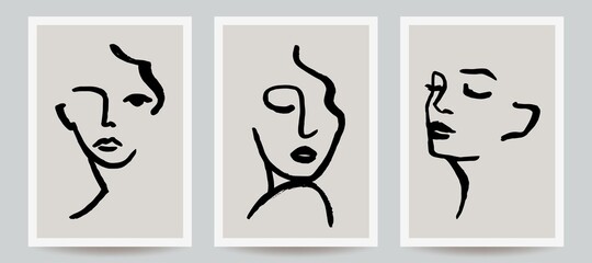 Hand-drawn abstract face illustrations. Trendy vector art prints.