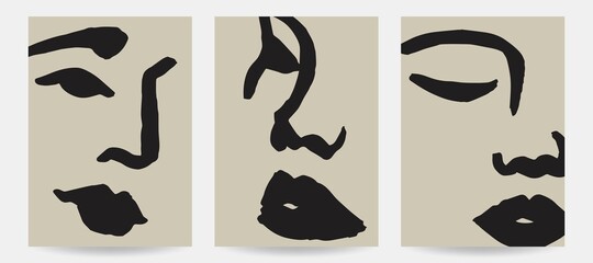 Hand-drawn abstract face illustrations. Trendy vector art prints.