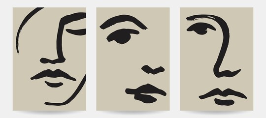 Hand-drawn abstract face illustrations. Trendy vector art prints.
