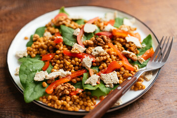 Spinach and Lentil Salad with Roasted Peppers, Walnuts and Vegan Feta