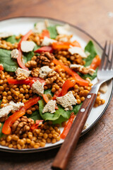 Spinach and Lentil Salad with Roasted Peppers, Walnuts and Vegan Feta