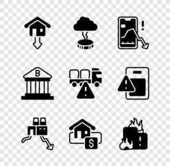 Set Falling property prices, Storm, Mobile stock trading, Shutdown of factory, Hanging sign with Sale, Fire burning house, Bank building and Stop delivery cargo truck icon. Vector