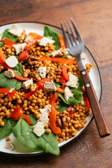 Spinach and Lentil Salad with Roasted Peppers, Walnuts and Vegan Feta