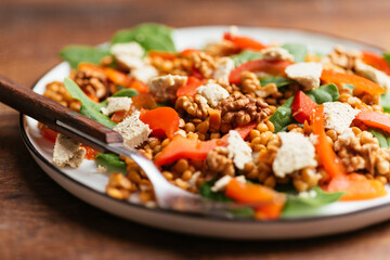 Spinach and Lentil Salad with Roasted Peppers, Walnuts and Vegan Feta