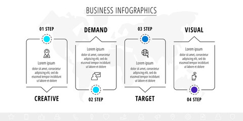 Vector line infographics with four rectangles and arrows. Flat chart process template with 4 icons. Modern timeline for business project, presentation, web, diagram, content