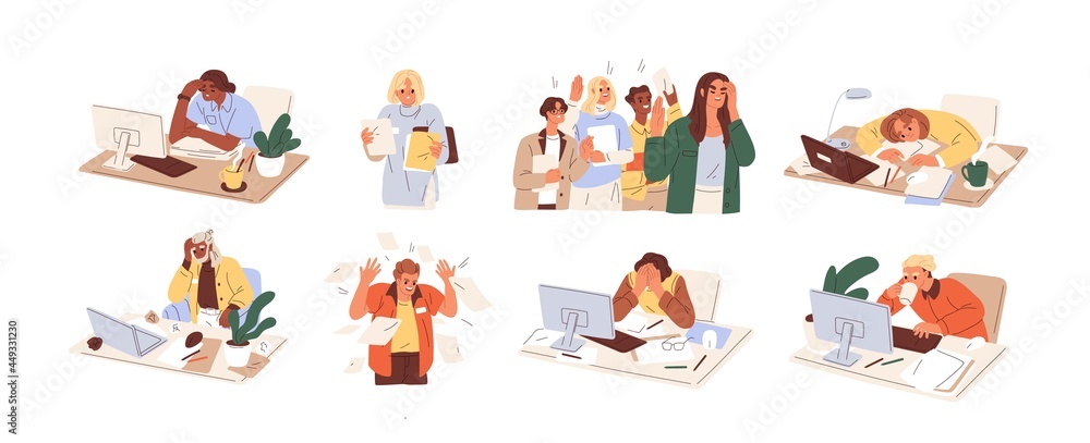 Poster set of busy people in stress and fatigue at work. employees overloaded with business tasks. office w