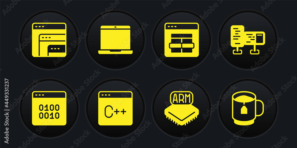 Poster set binary code, computer monitor screen, software, processor, mysql, laptop, cup tea with tea bag a
