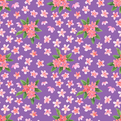 Watercolor seamless pattern with various decorative flowers and leaves