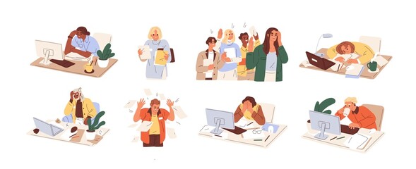 Set of busy people in stress and fatigue at work. Employees overloaded with business tasks. Office workers in anger and anxiety. Burnout concept. Flat graphic vector illustration isolated on white - obrazy, fototapety, plakaty