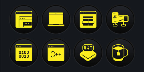 Set Binary code, Computer monitor screen, Software, Processor, MySQL, Laptop, Cup tea with tea bag and icon. Vector