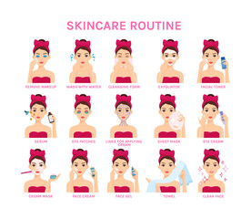 Skin Care Routine. Set. Steps. Woman in Towel, with Bow on Head Takes Care of Face. Spa Day for Young Girl. Relaxation. She Applies a Moisturizer Cream, Foam, Uses a Sheet Mask, Serum, Washes. Vector