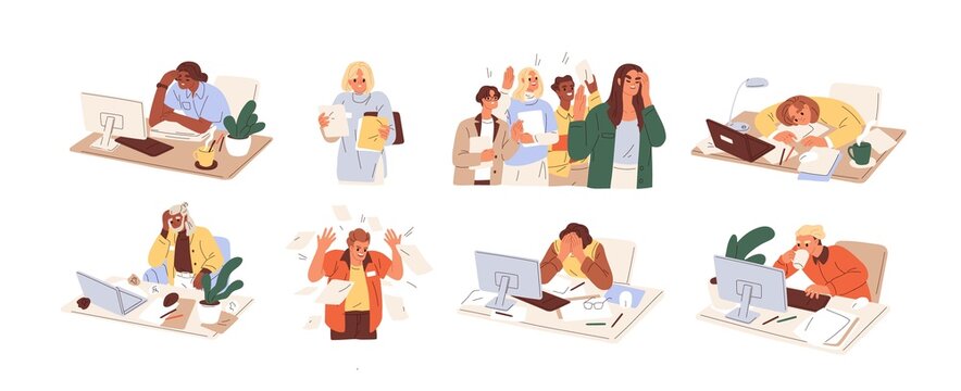 Set of busy people in stress and fatigue at work. Employees overloaded with business tasks. Office workers in anger and anxiety. Burnout concept. Flat graphic vector illustration isolated on white