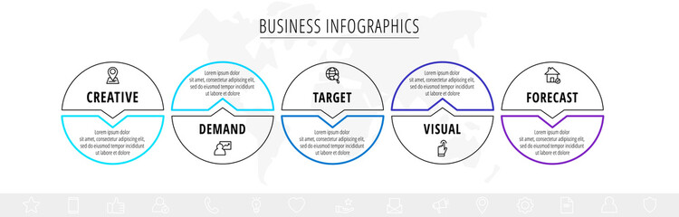 Vector line infographics template for five arrows and circles. Business concept with 5 elements and icons. Modern blank space for chart, content, step for step, timeline, diagram, web