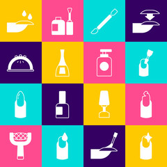 Set Nail manicure, Broken nail, Milling cutter for, Cuticle pusher, Bottle of polish, Manicure lamp, and Tube hand cream icon. Vector