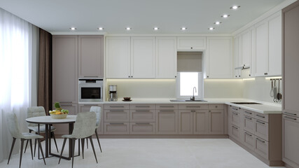 Large stylish kitchen with coffee and milk color. Modern design of kitchen furniture. Cozy luxury kitchen. 3d rendering