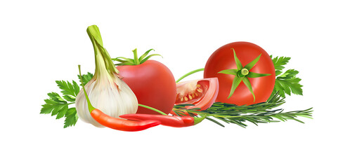Still life of a realistic style set of red fresh tomatoes and garlic 