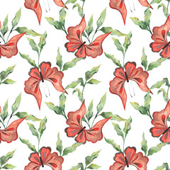 Watercolor pattern with red flying butterflies and twigs of leaves on a white background. Illustration for postcards, posters, fabrics, decor, packaging