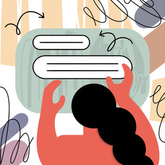 A girl makes an order online on an abstract background. Online booking. Digital education. Online education concept. Online shopping. Online courses. E-learning. Search for information
