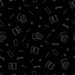 Stationery seamless pattern on black background. Vector line art illustration