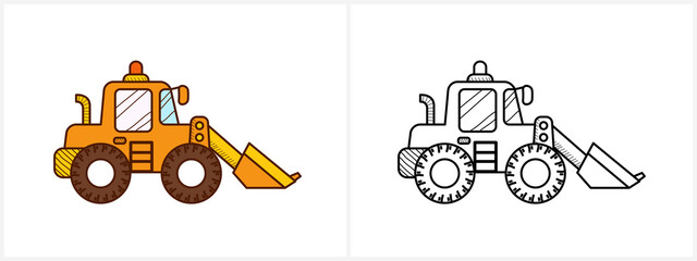 Excavator coloring page for kids. Digger side view - 449332869