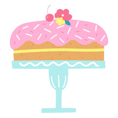 Birthday cake on a stand vector illustration. Hand drawn cake with cream, flowers decor and cherry on top. Cute doodle illustration of pastry food
