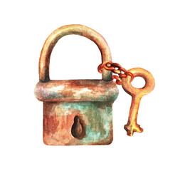 Door lock with key. Watercolor