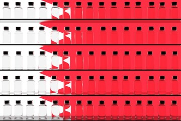 Vaccine bottles and flag of Bahrain. Vaccination related conceptual 3D rendering