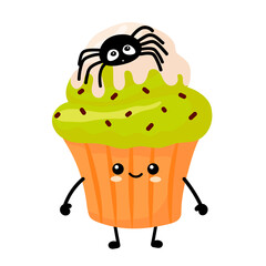 Kawaii vector illustration of funny Halloween cupcake isolated on white background. Cute happy and smiling food character.