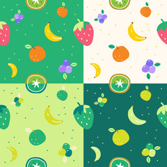 Set of Flat Cute Mix Fruit Strawberry Blueberry Kiwi Banana Orange Vector Pattern Design Dark Green Background Editable Stroke. Cartoon Illustration Cloth, Mat, Fabric, Textile, Scarf, Wrapping Paper.