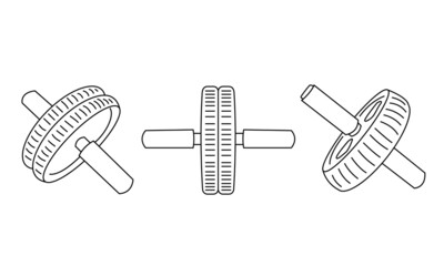 Set. Sports wheels for the press. Sports video for doing sports in the gym and at home. Vector outline illustration. Doodle style.