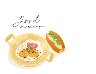 Pan-fried egg with toppings, Thai style, and Vietnamese Sandwich bread. Vector illustration on white background.